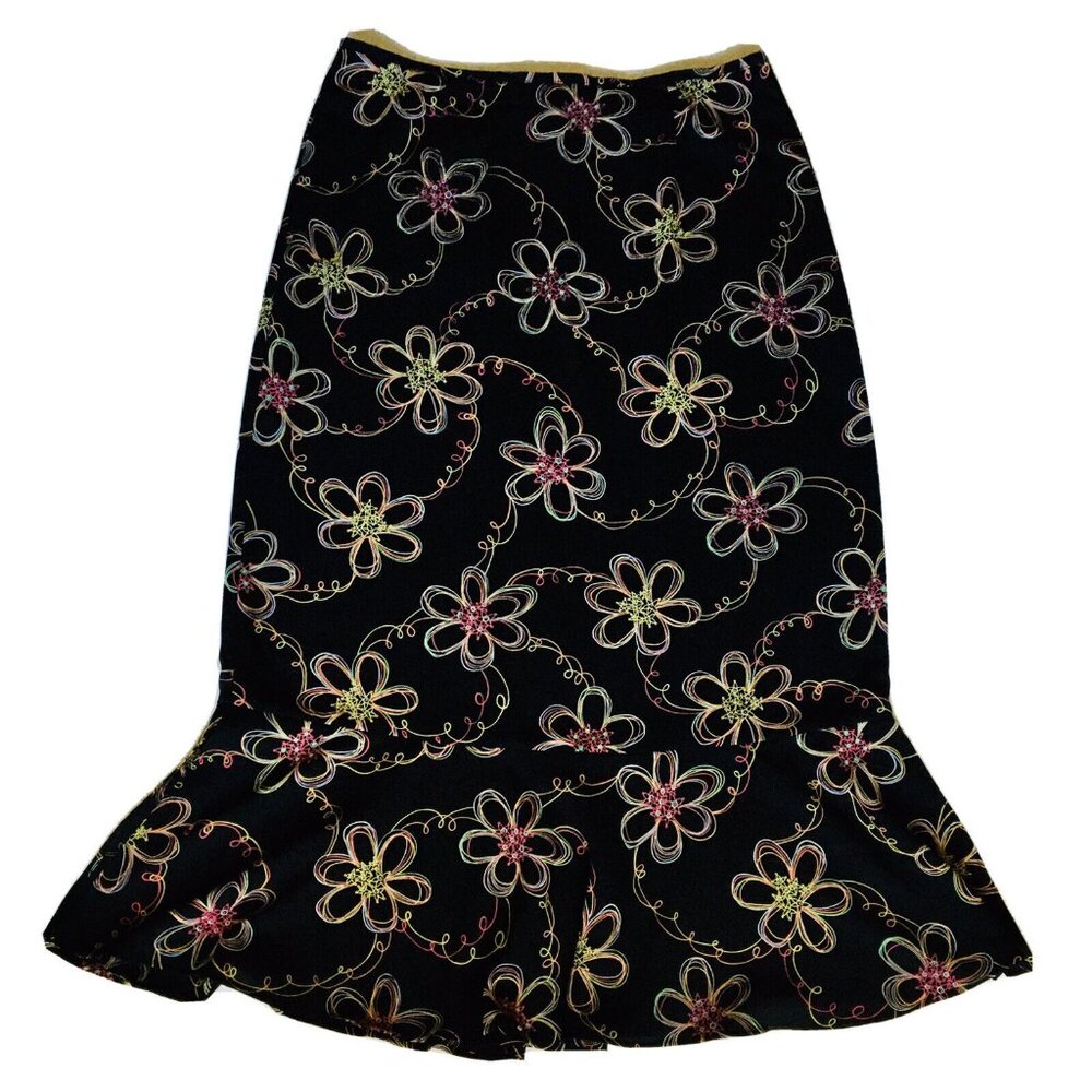 Sag Harbor Black Mermaid MIDI Skirt Size 12 Colorful Daisy Pattern